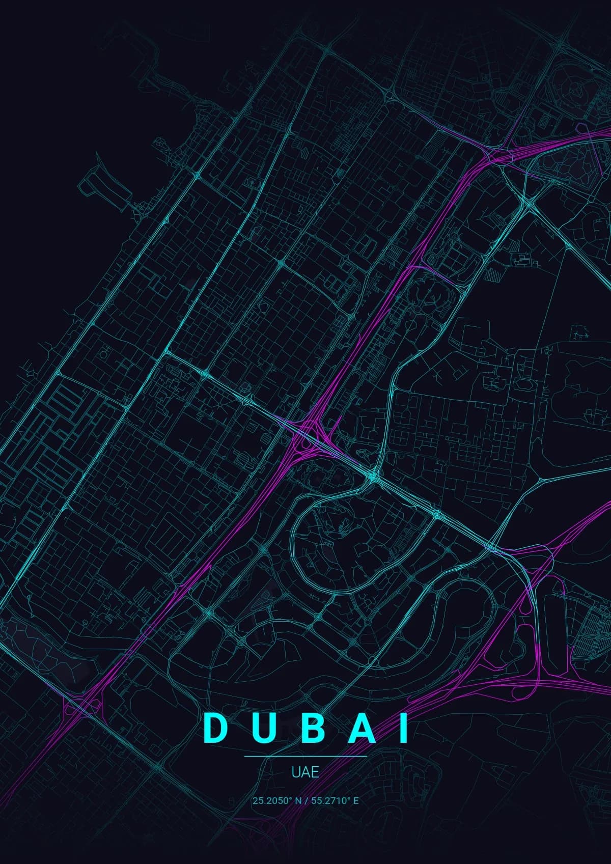 Dubai map poster in Neon Cyberpunk style