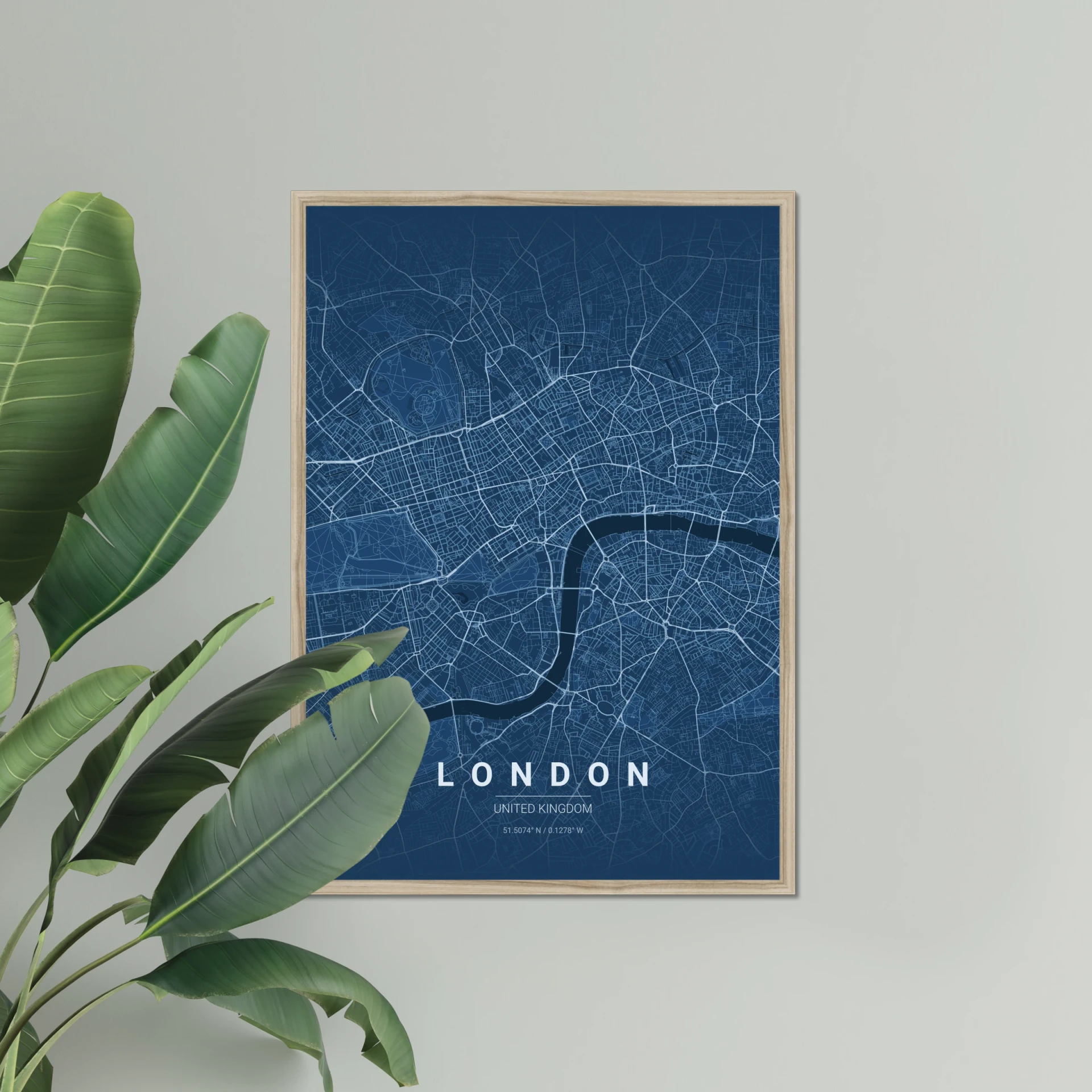 London map poster in a natural A1 frame, hung in a hallway