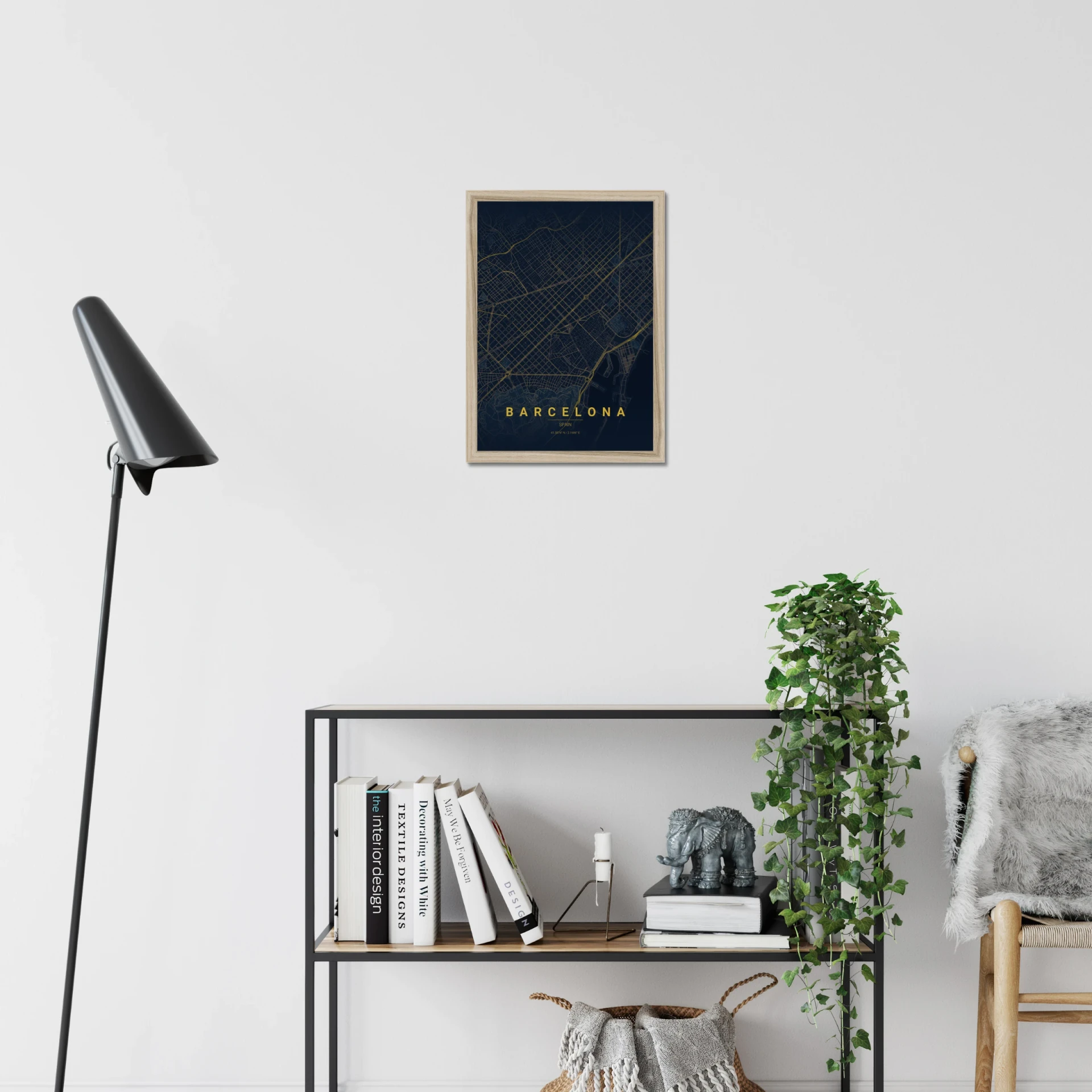Barcelona map poster in a natural A3 frame, hung in a home office