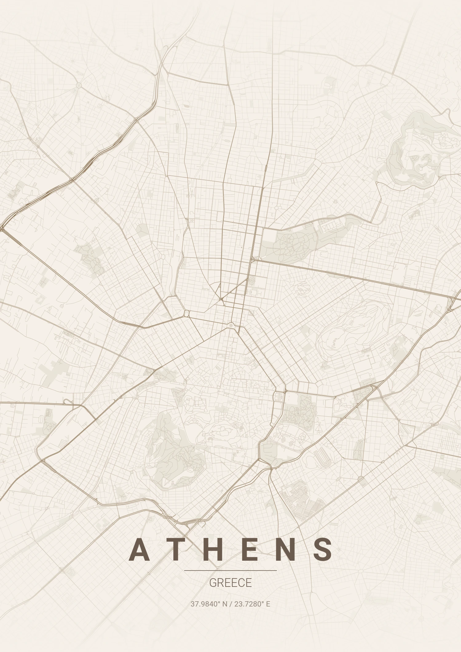 Athens map poster in Warm Beige style