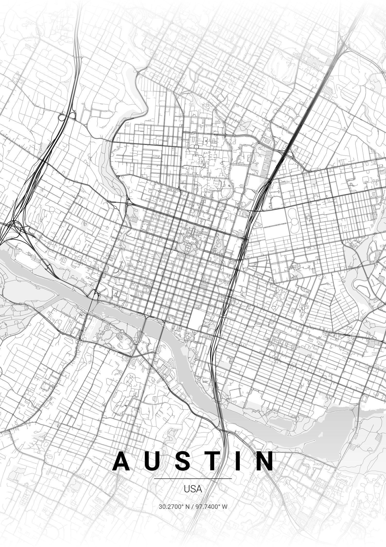 Austin map poster in Gradient Roads style