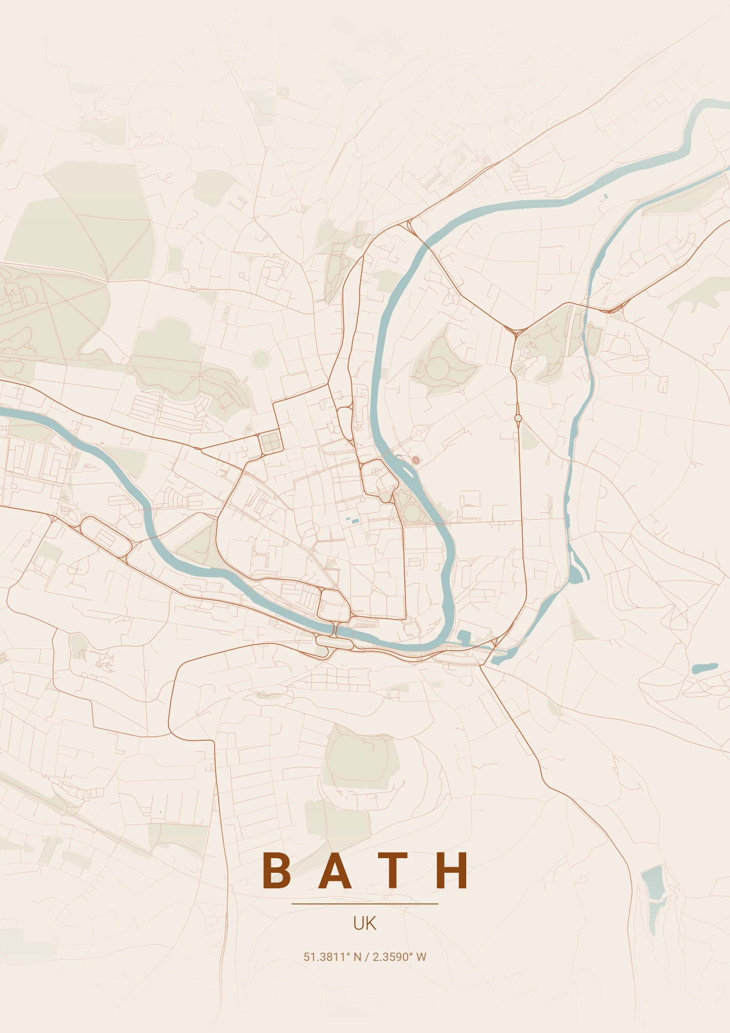Bath map poster in Terracotta style
