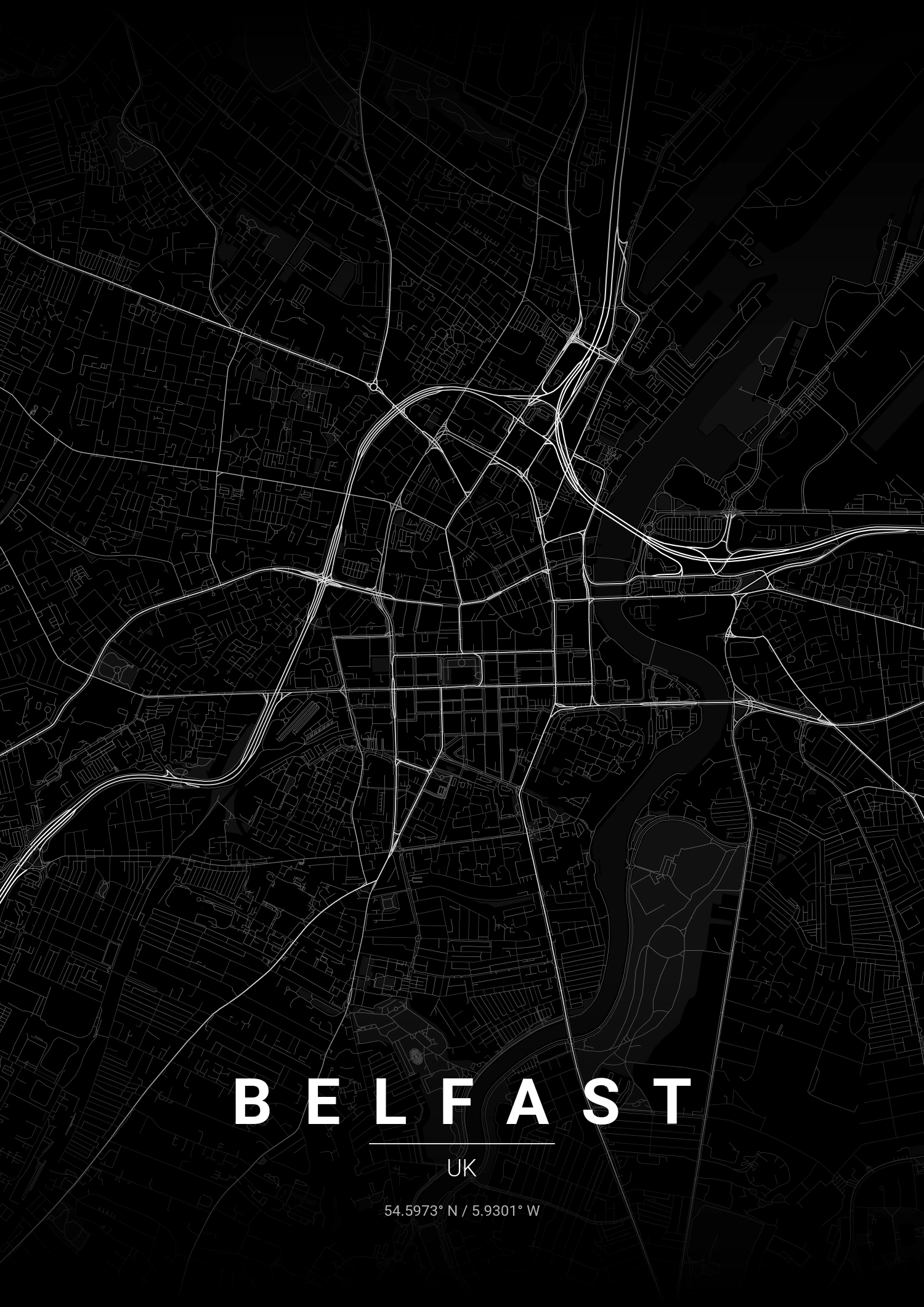 Belfast map poster in Noir style