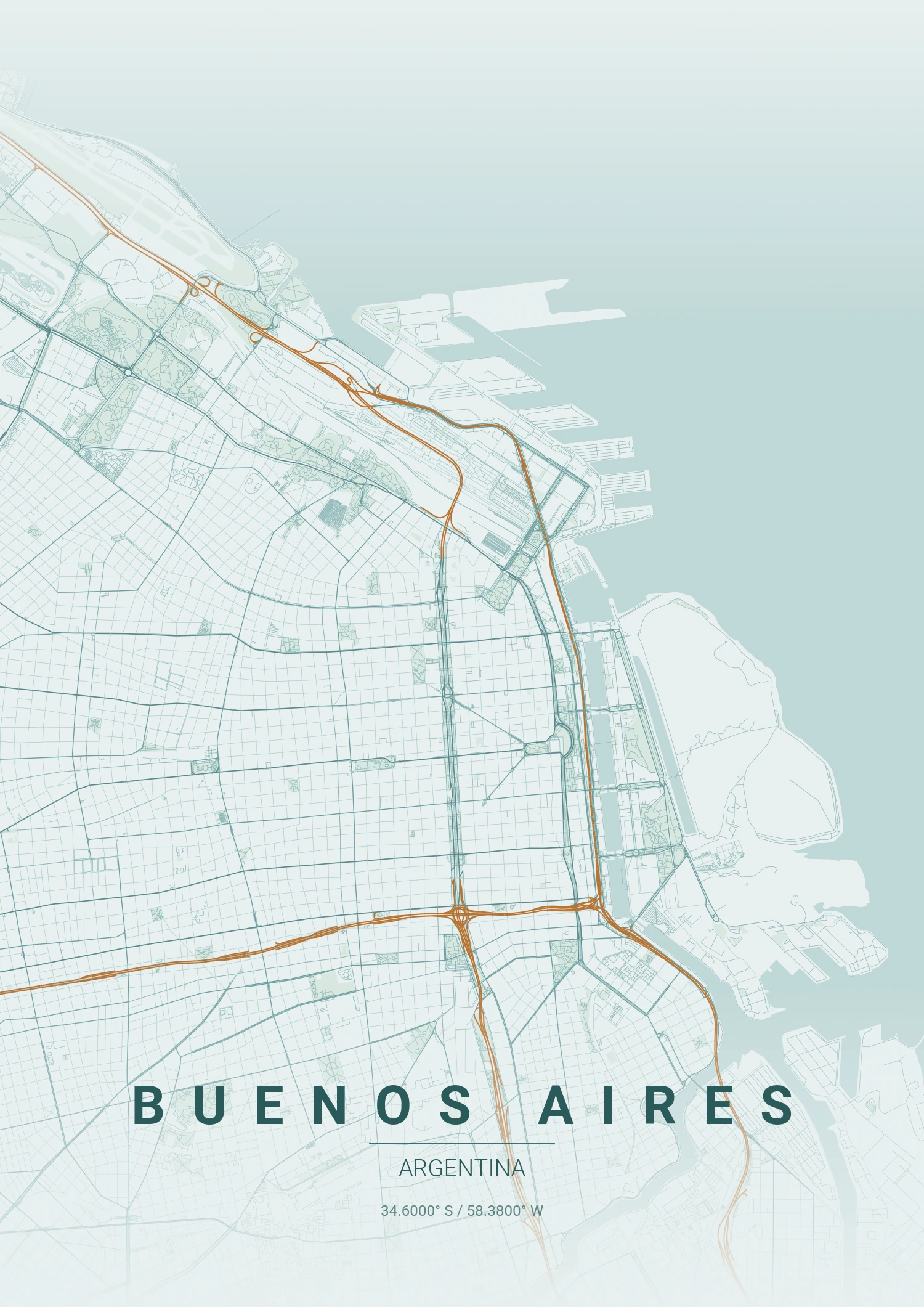 Buenos Aires map poster in Copper Patina style