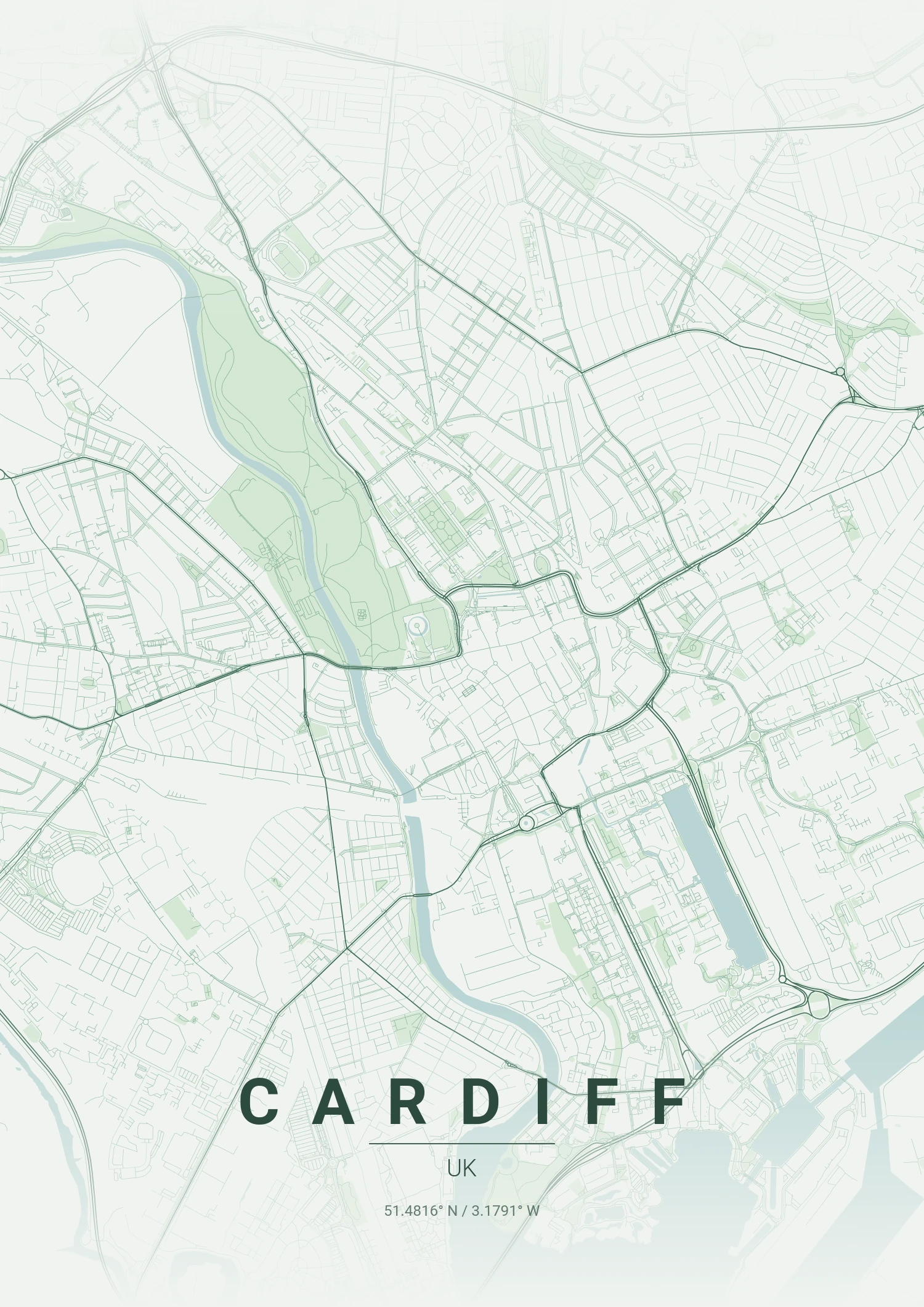 Cardiff map poster in Forest style