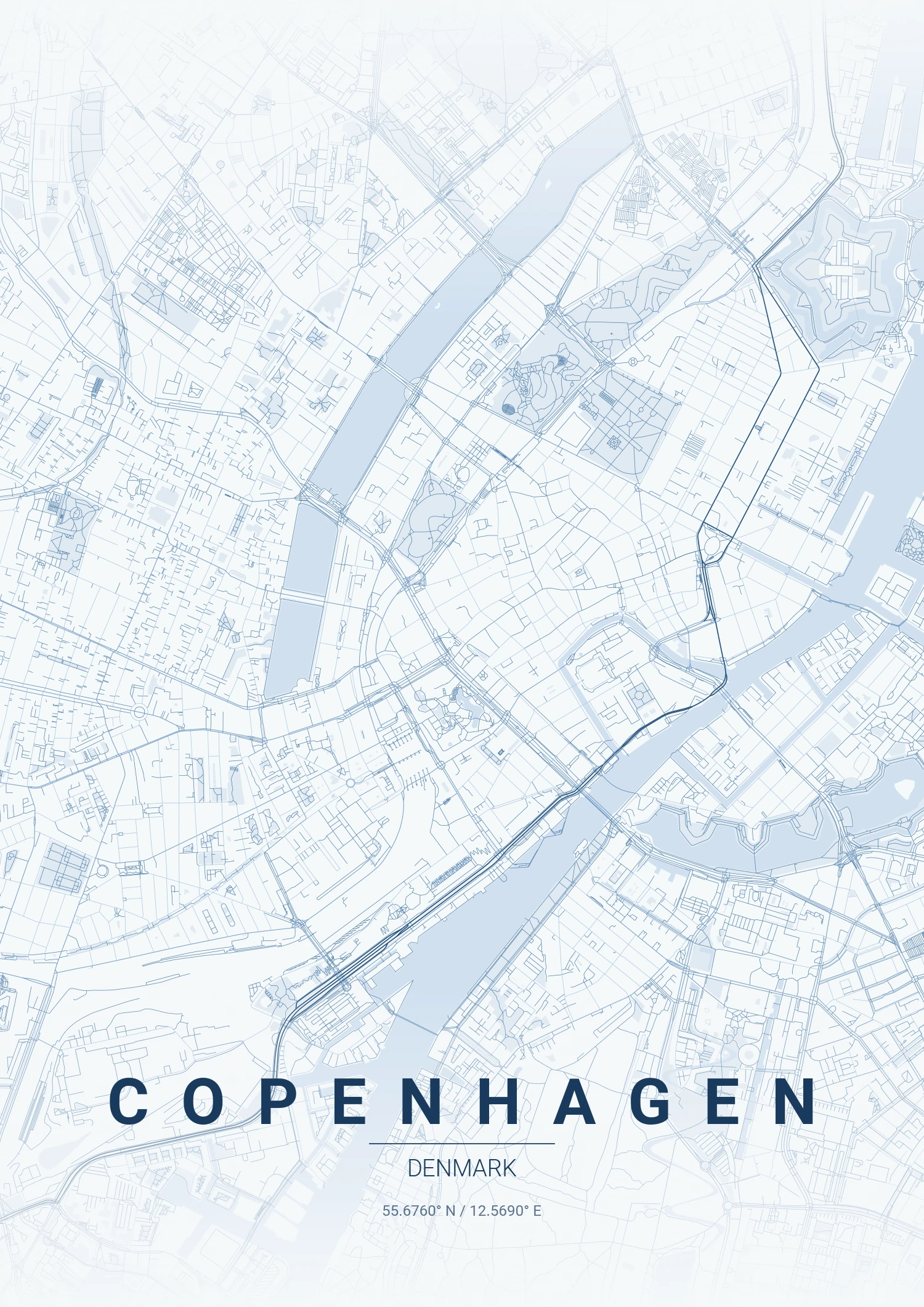 Copenhagen map poster in Monochrome Blue style