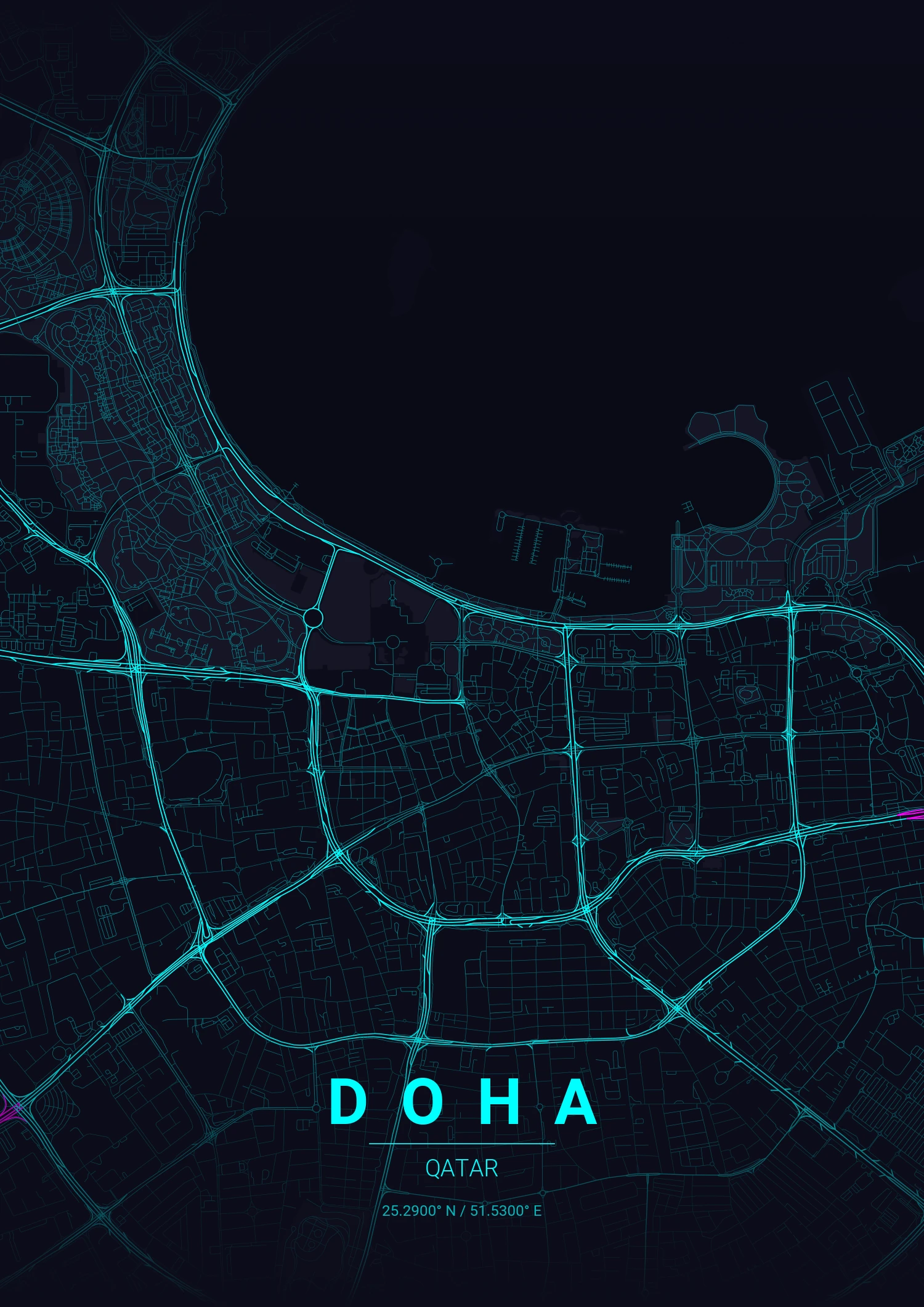 Doha map poster in Neon Cyberpunk style