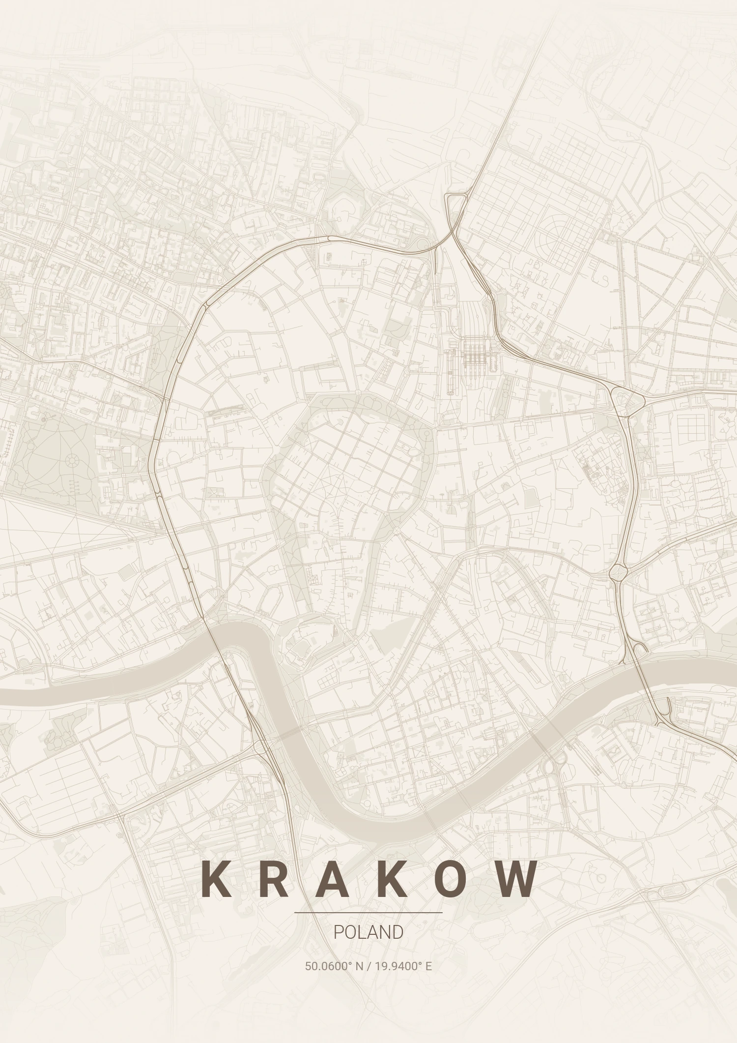 Krakow map poster in Warm Beige style