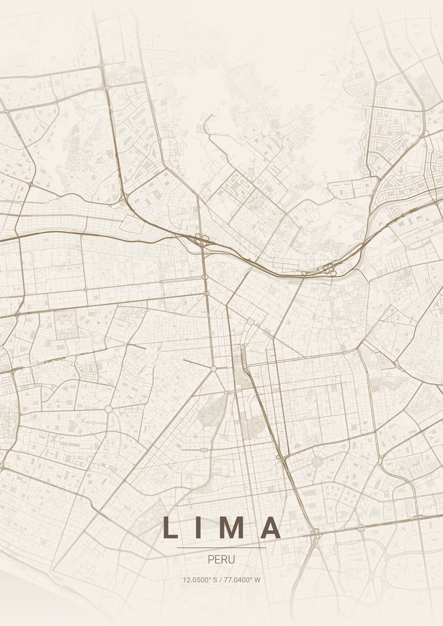 Lima map poster in Warm Beige style