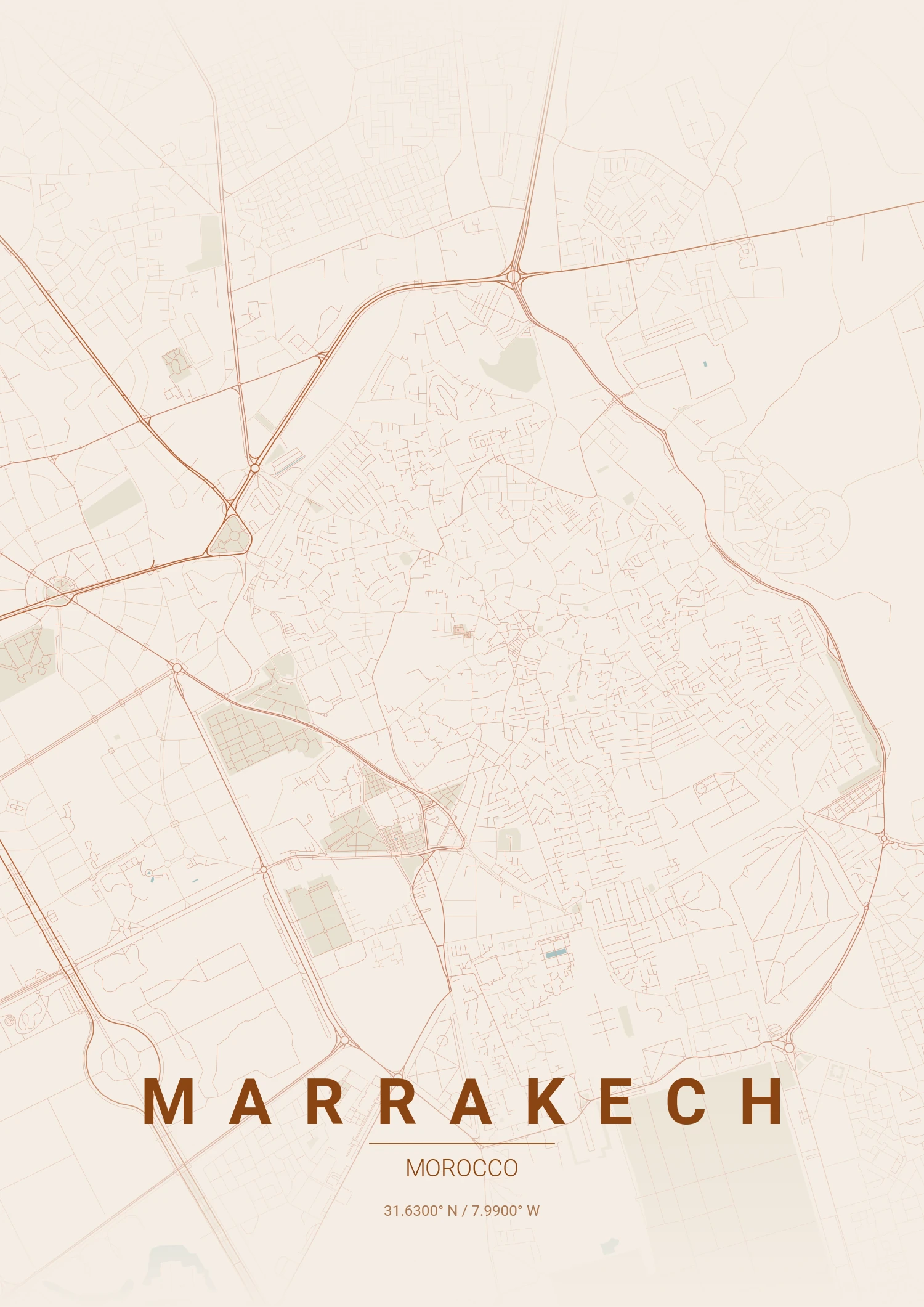 Marrakech map poster in Terracotta style