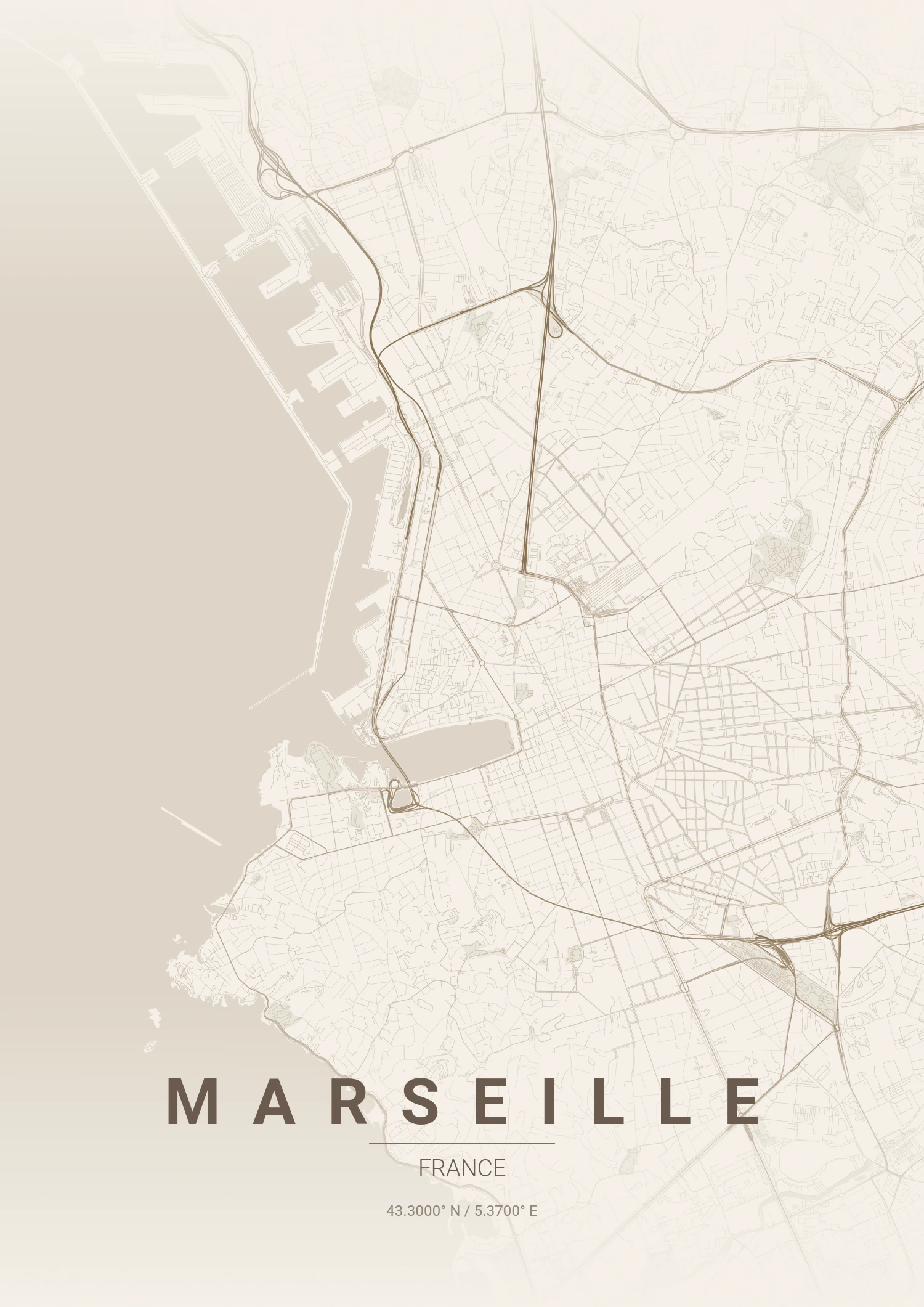 Marseille map poster in Warm Beige style