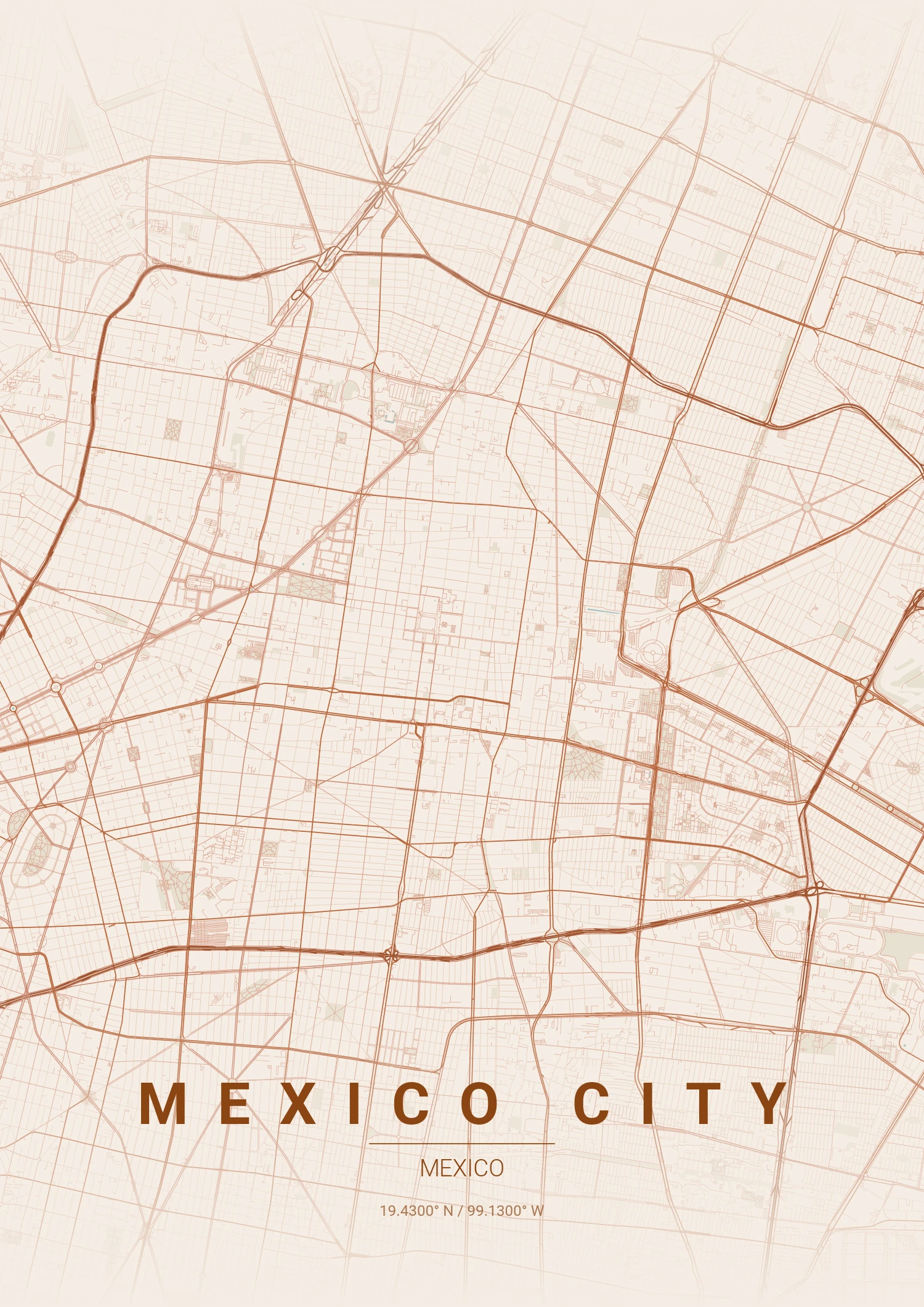 Mexico City map poster in Terracotta style