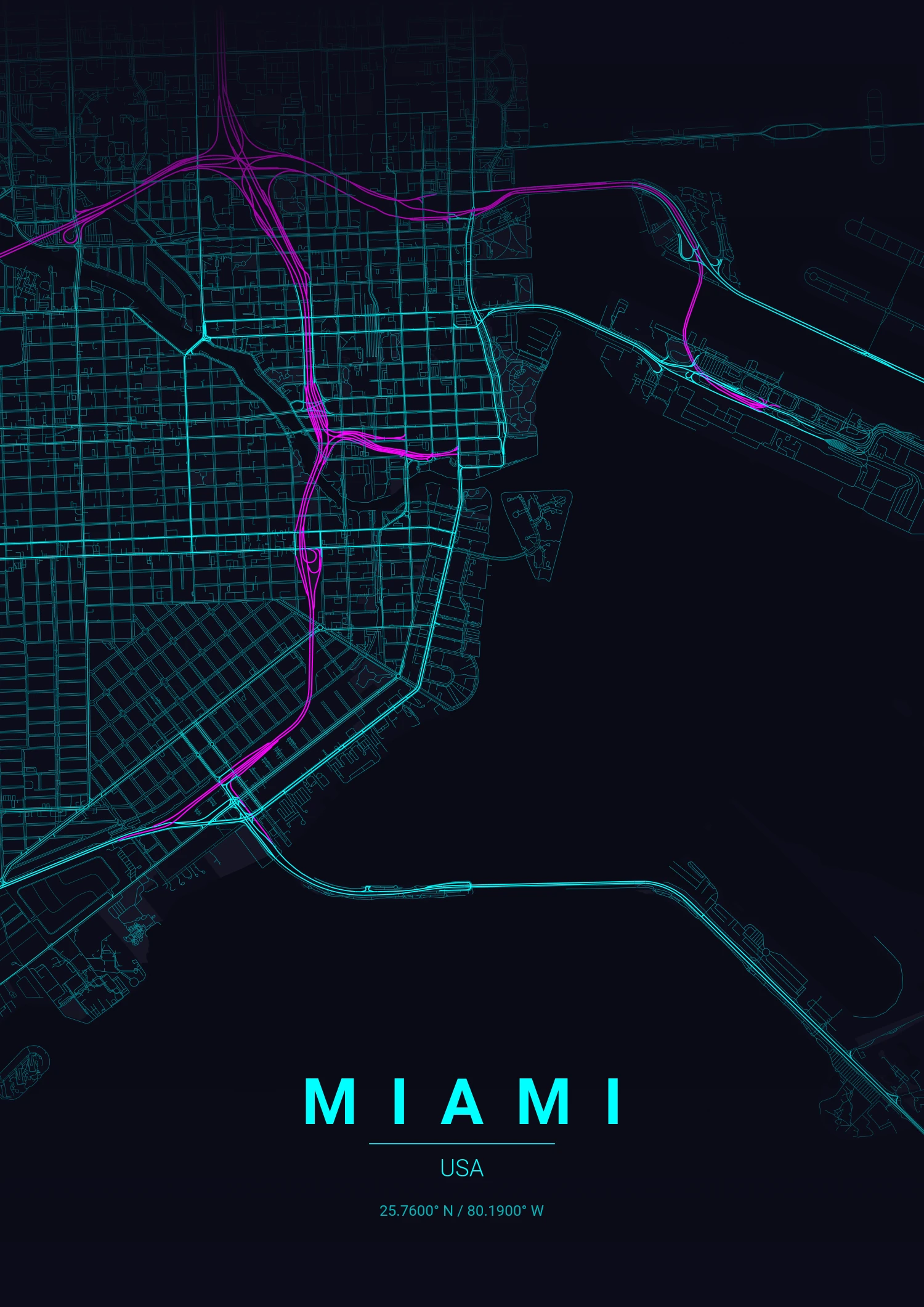 Miami map poster in Neon Cyberpunk style
