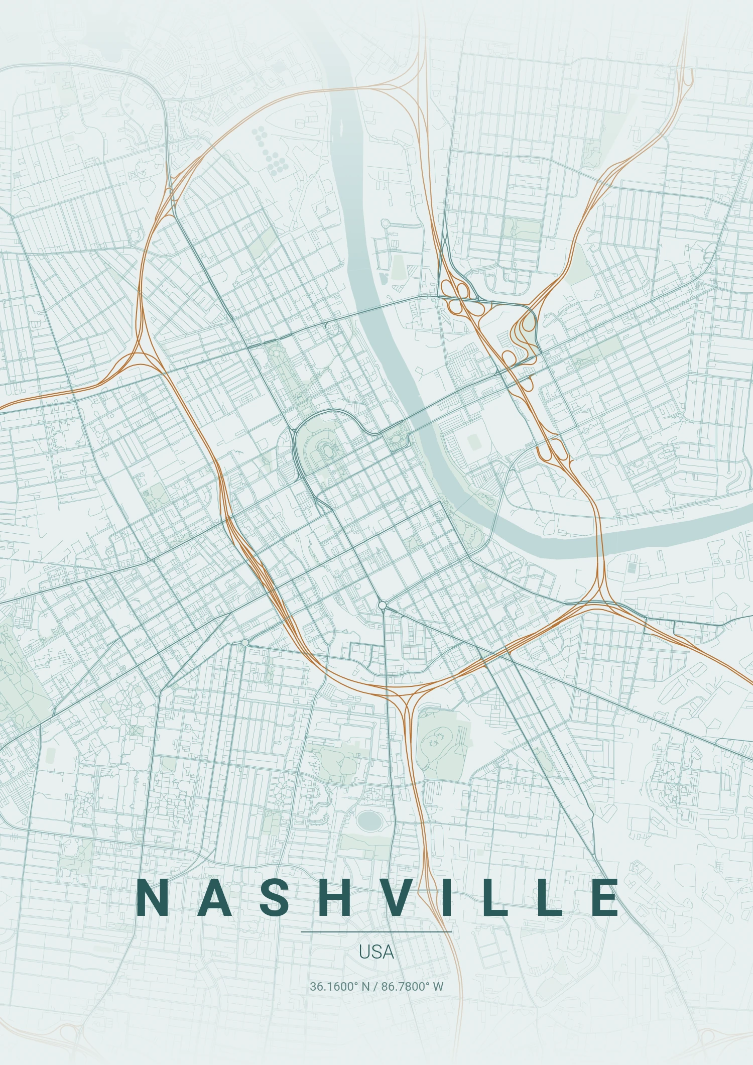 Nashville map poster in Copper Patina style