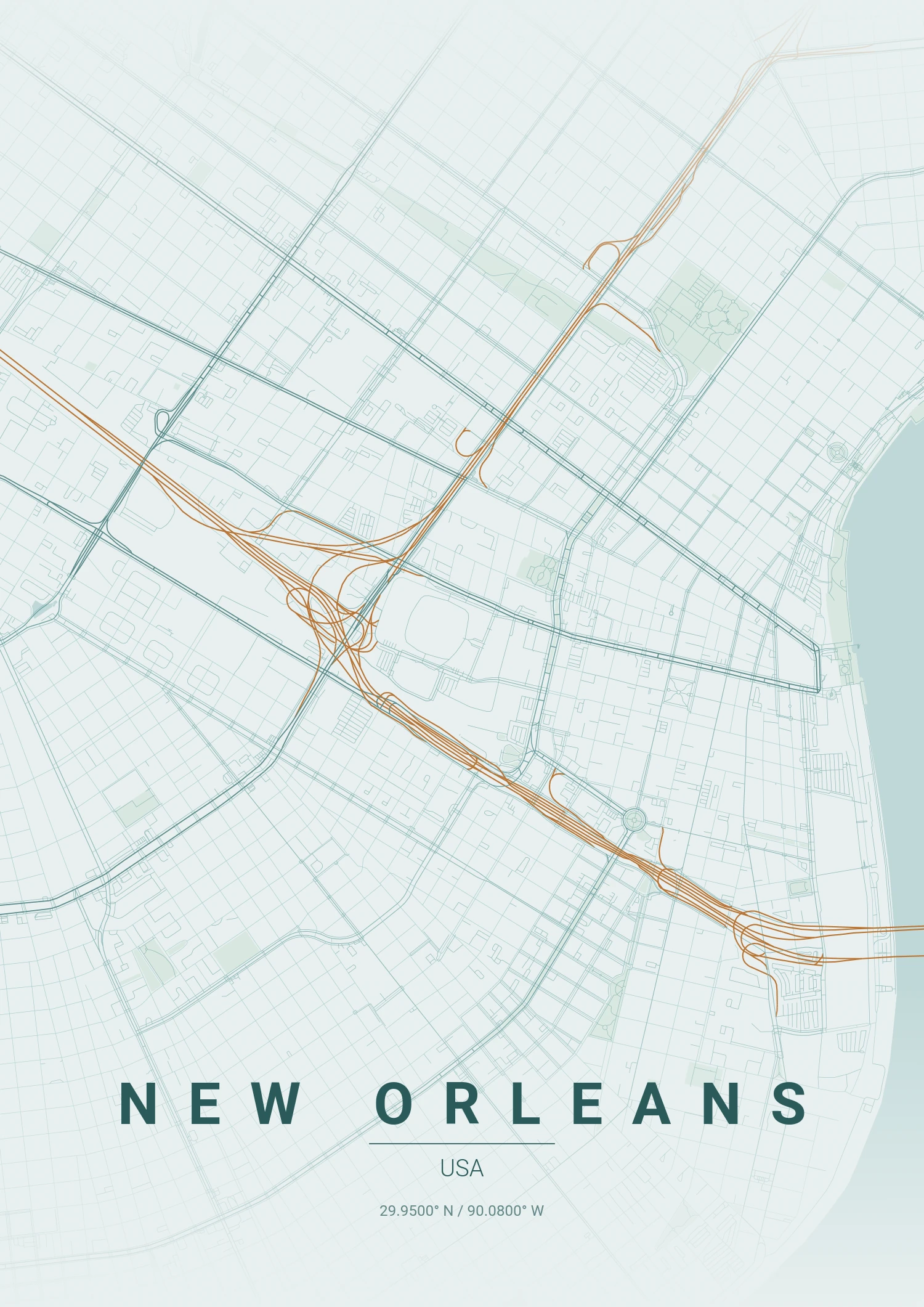 New Orleans map poster in Copper Patina style