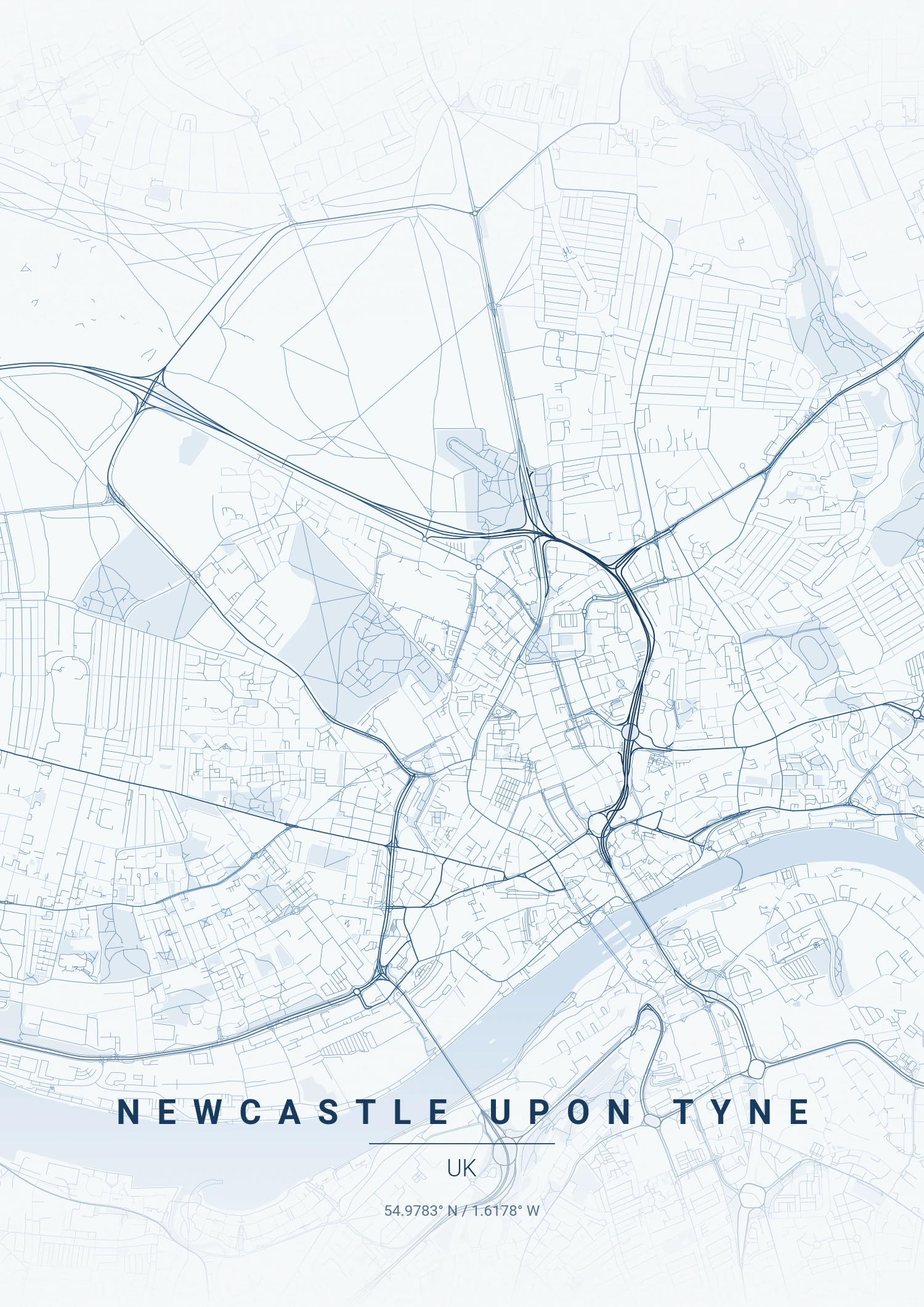 Newcastle upon Tyne map poster in Monochrome Blue style