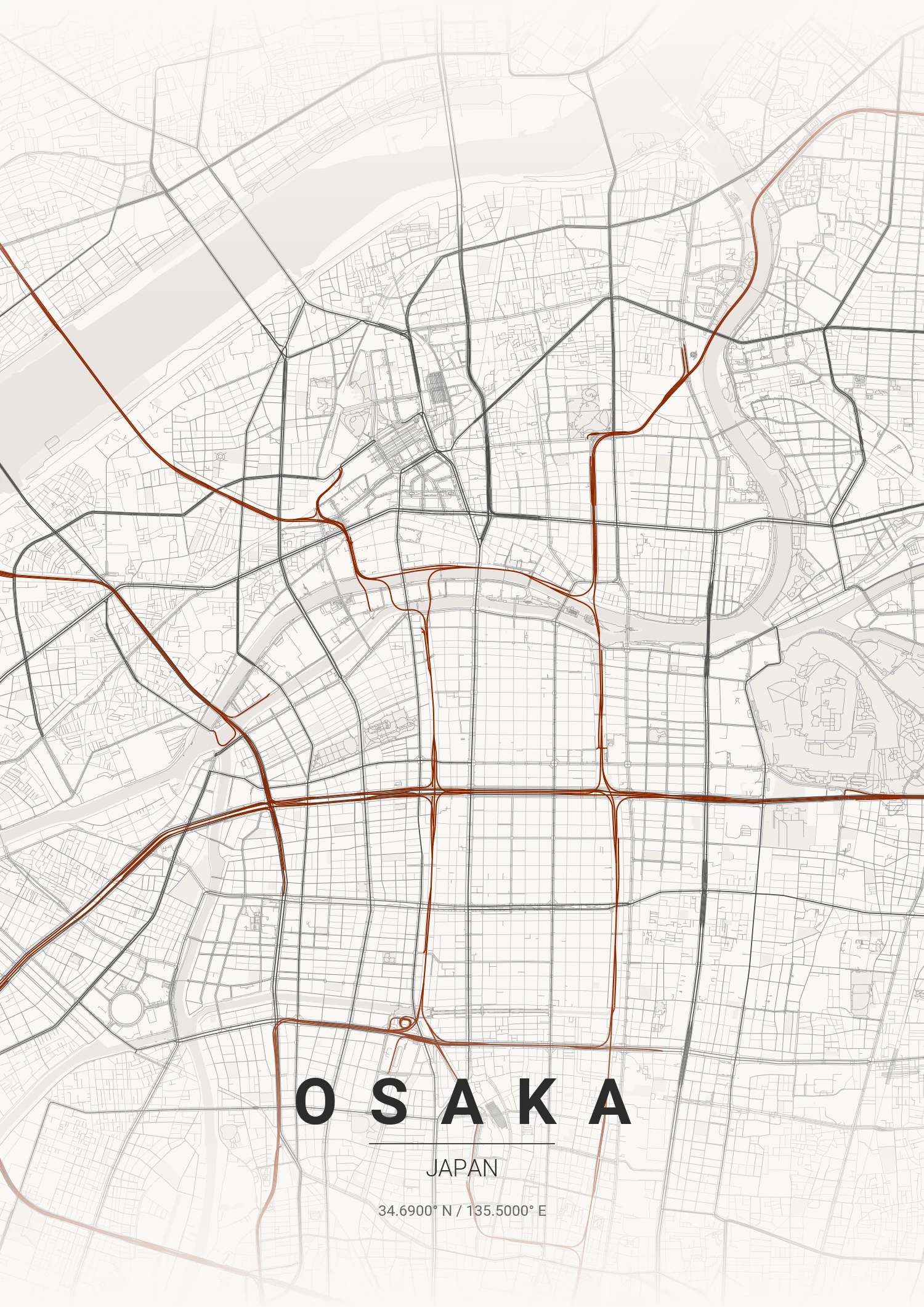Osaka map poster in Japanese Ink style