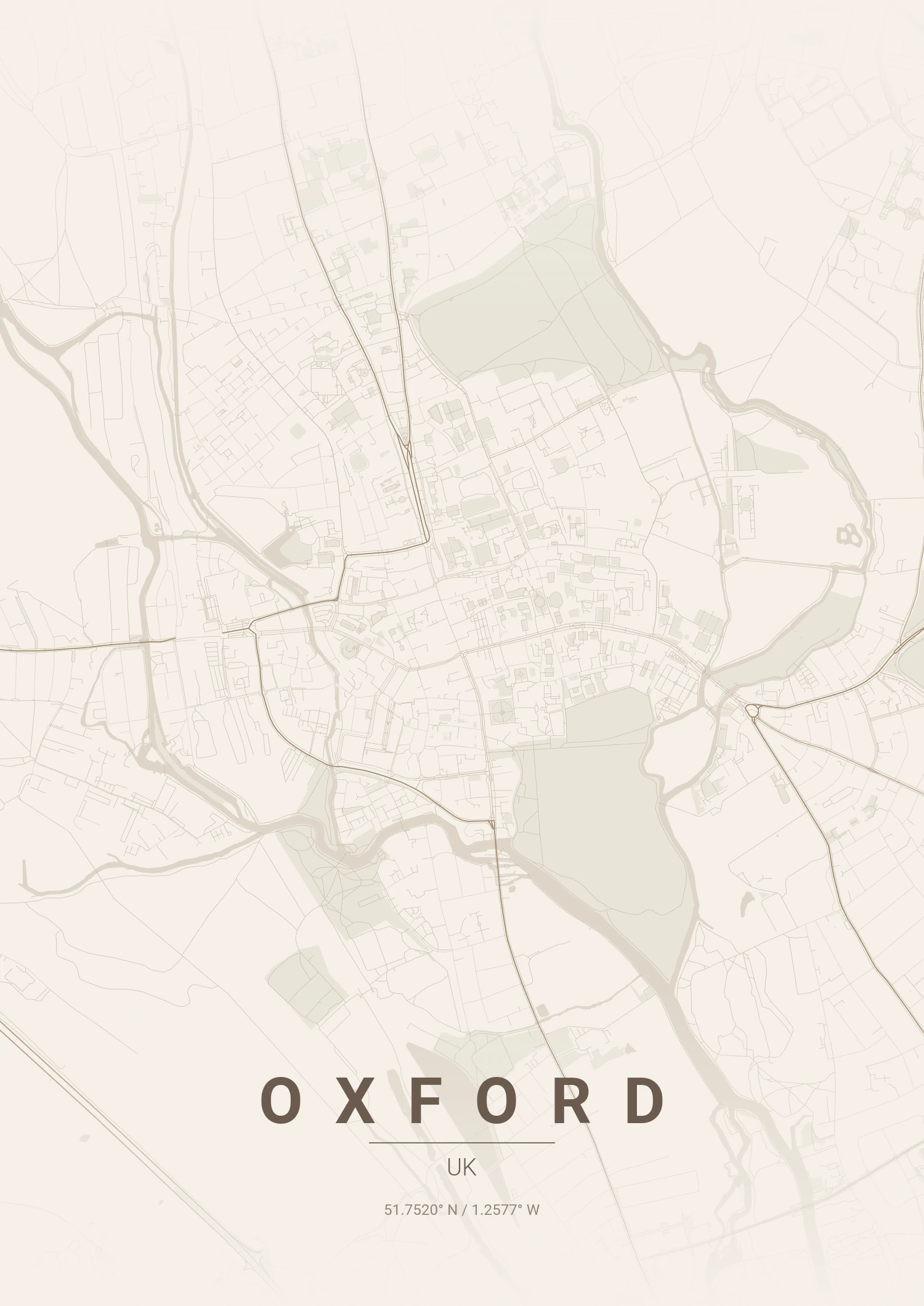 Oxford map poster in Warm Beige style