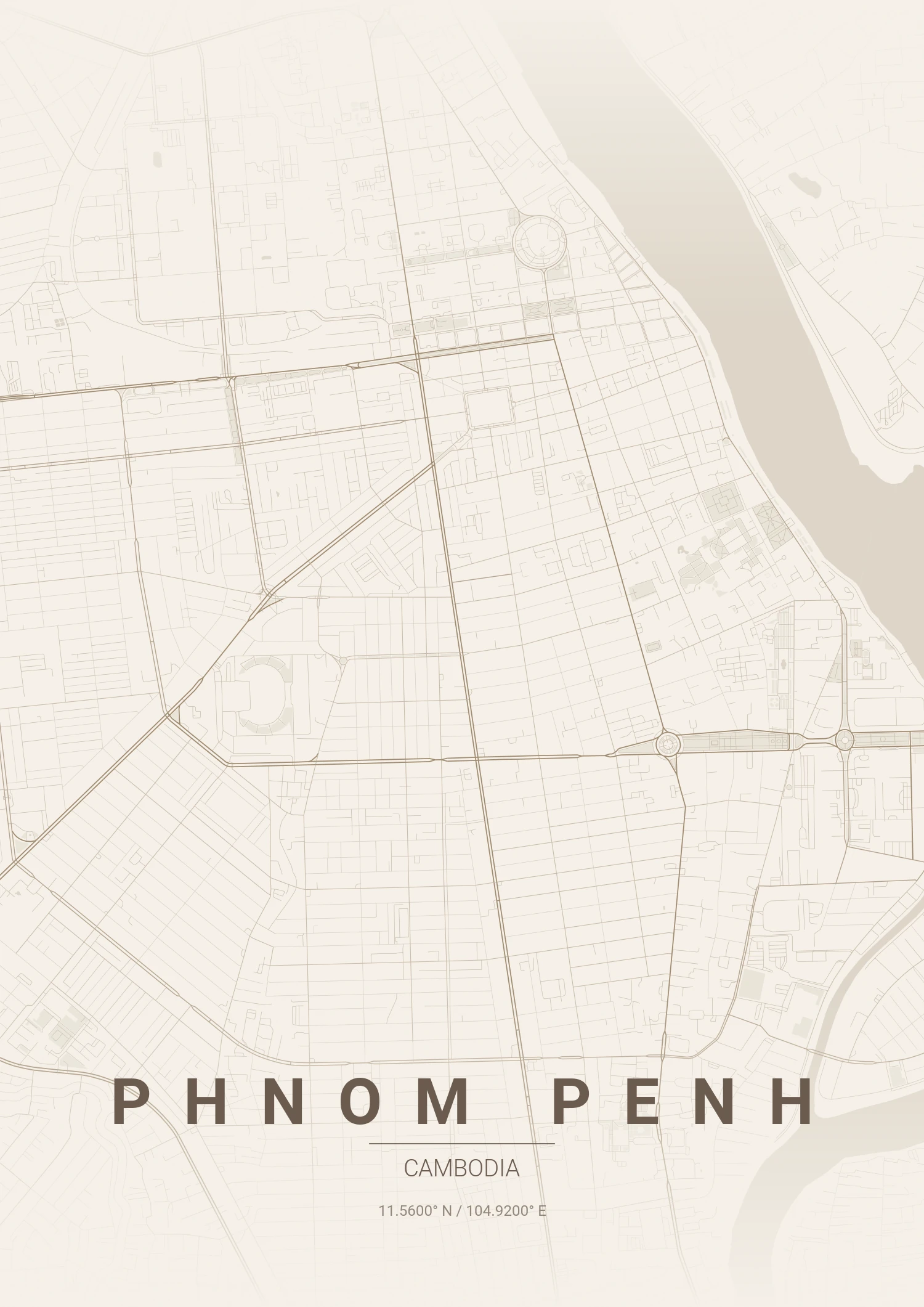 Phnom Penh map poster in Warm Beige style