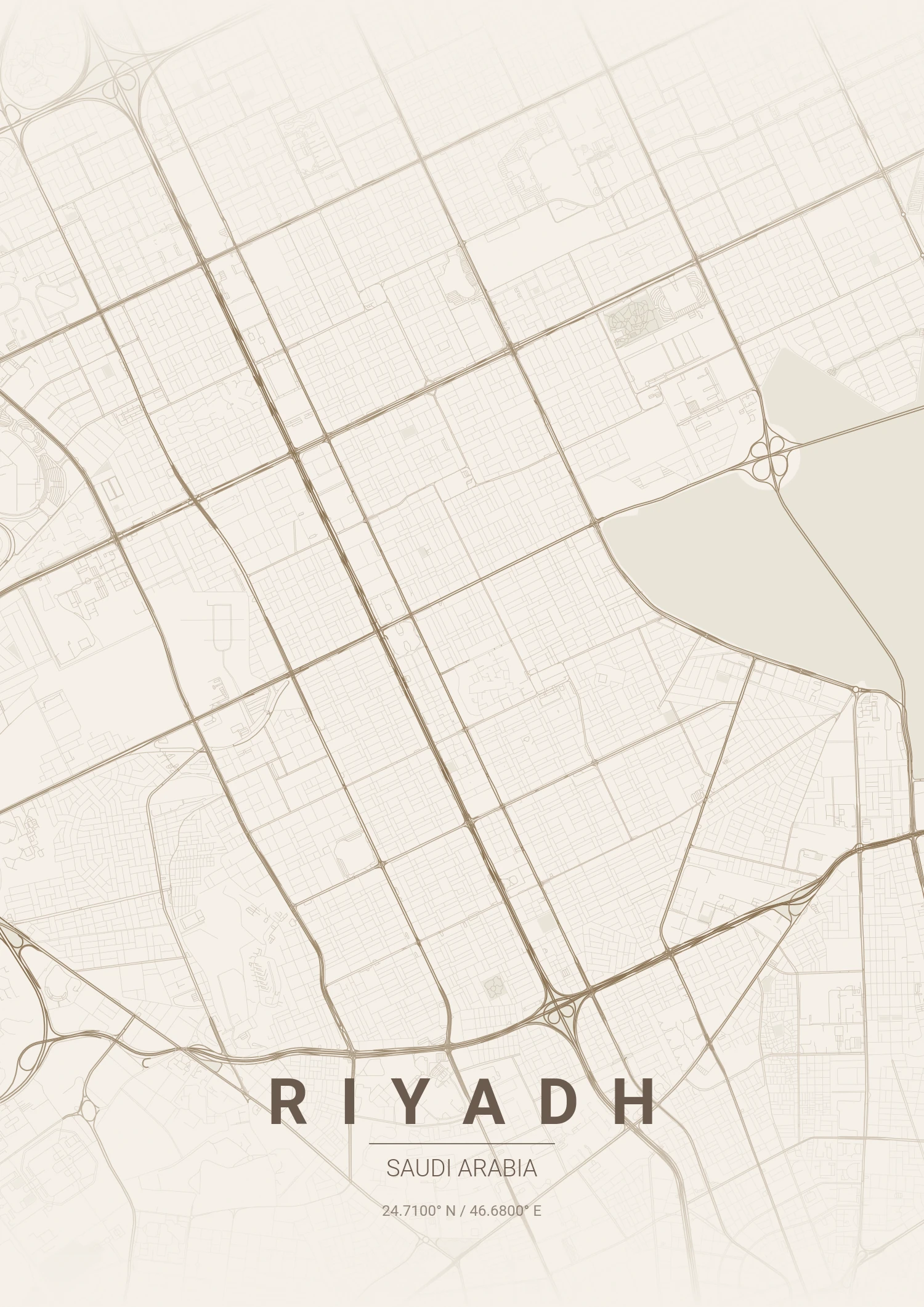 Riyadh map poster in Warm Beige style