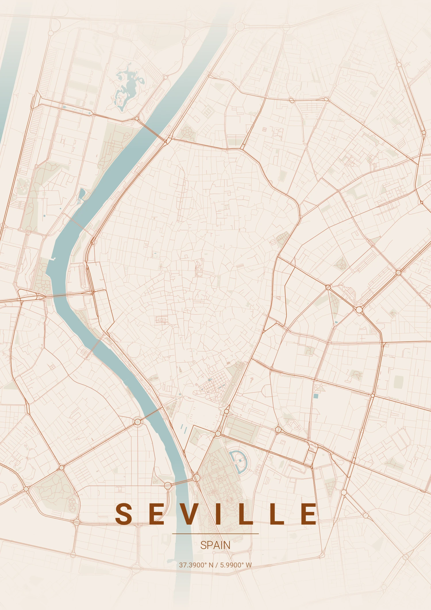 Seville map poster in Terracotta style