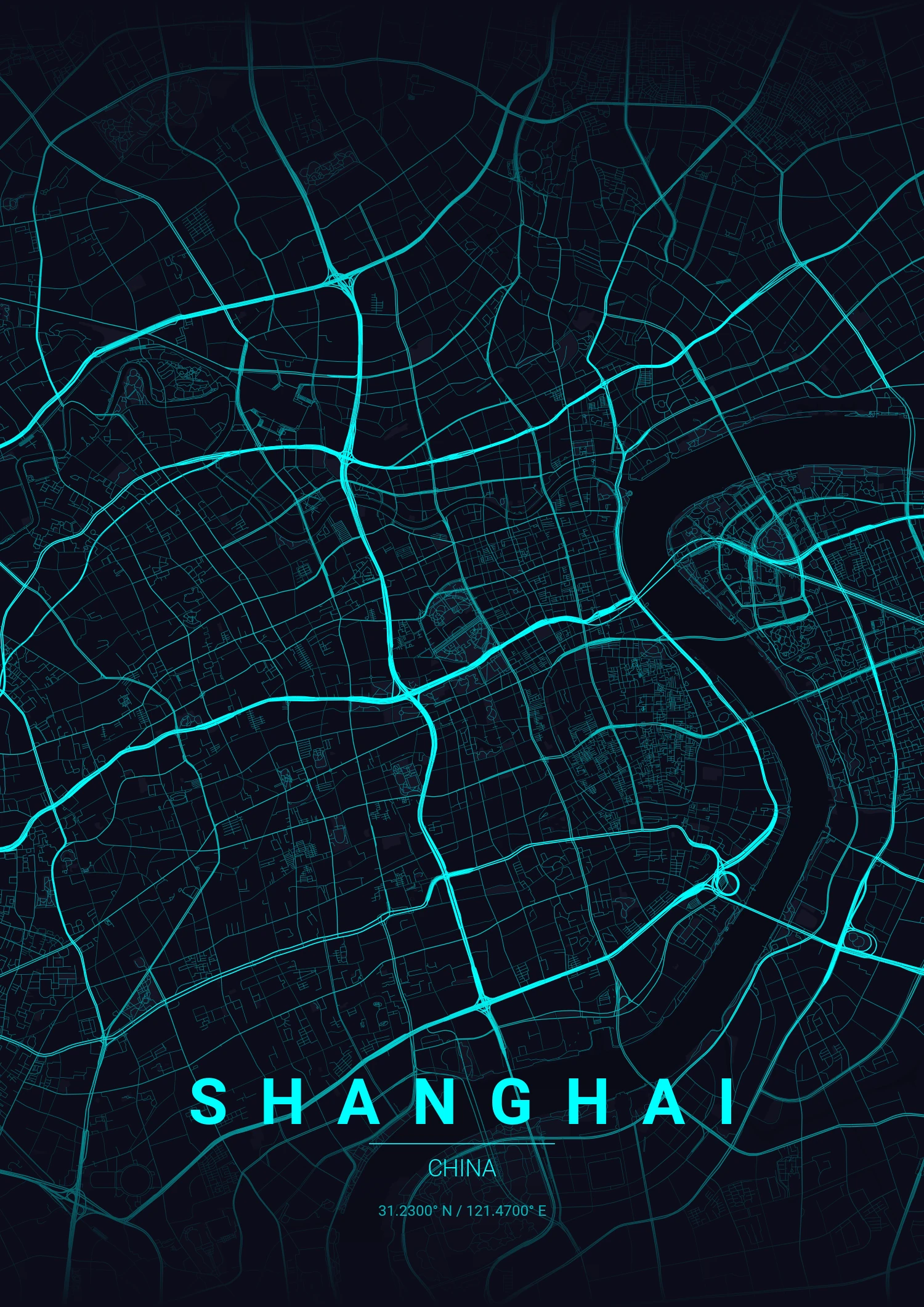 Shanghai map poster in Neon Cyberpunk style