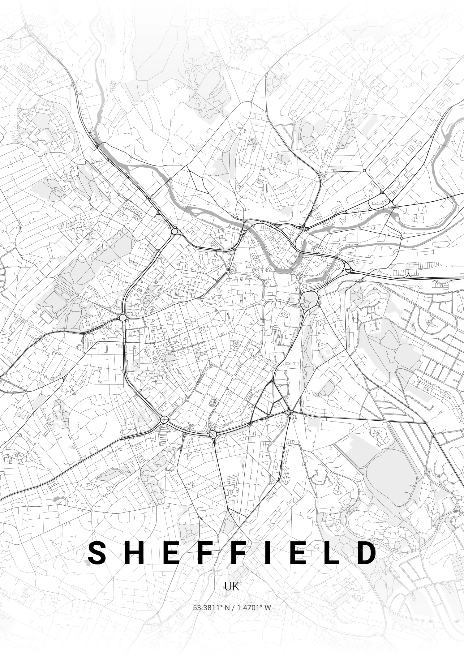 Sheffield map poster in Contrast Zones style