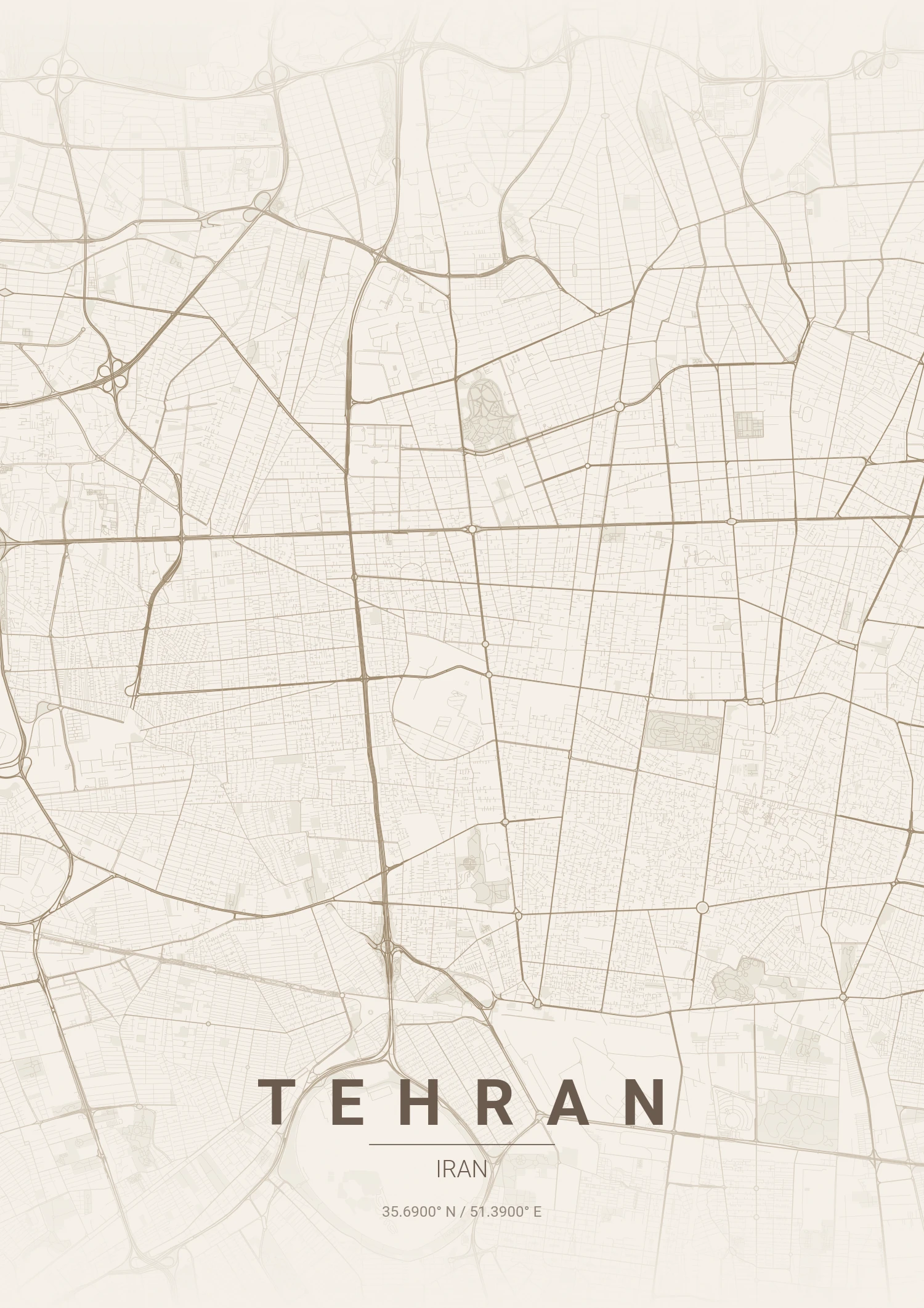 Tehran map poster in Warm Beige style