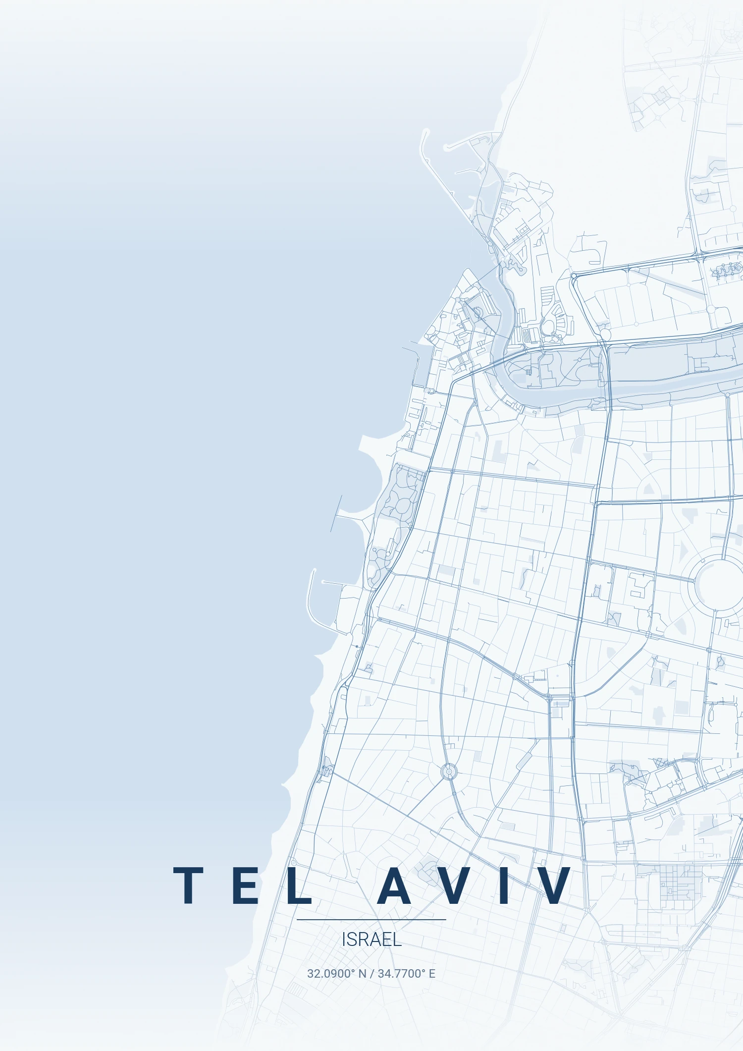Tel Aviv map poster in Monochrome Blue style
