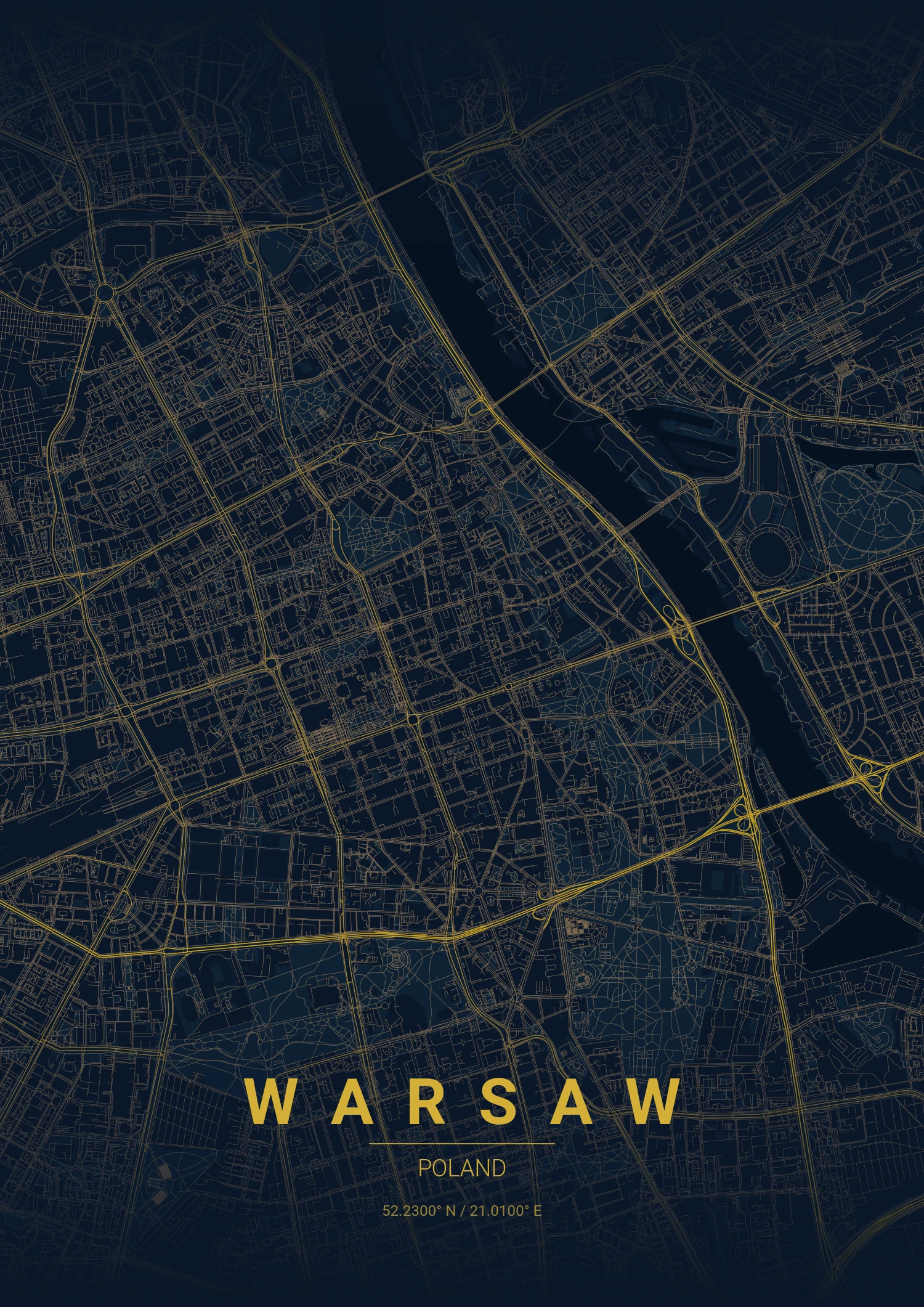 Warsaw map poster in Midnight Blue style